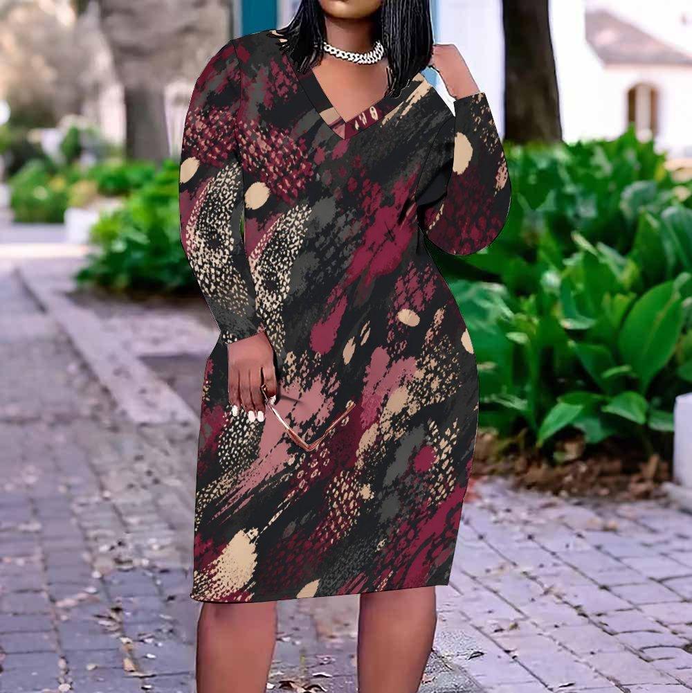 Women Plus Size V Neck Long Sleeve Printed Fitted Straight Midi Dress
