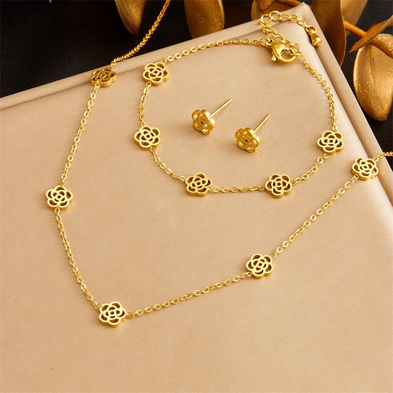 Gold Plated Camellia Jewelry Set Necklace Earrings Bracelet золотой