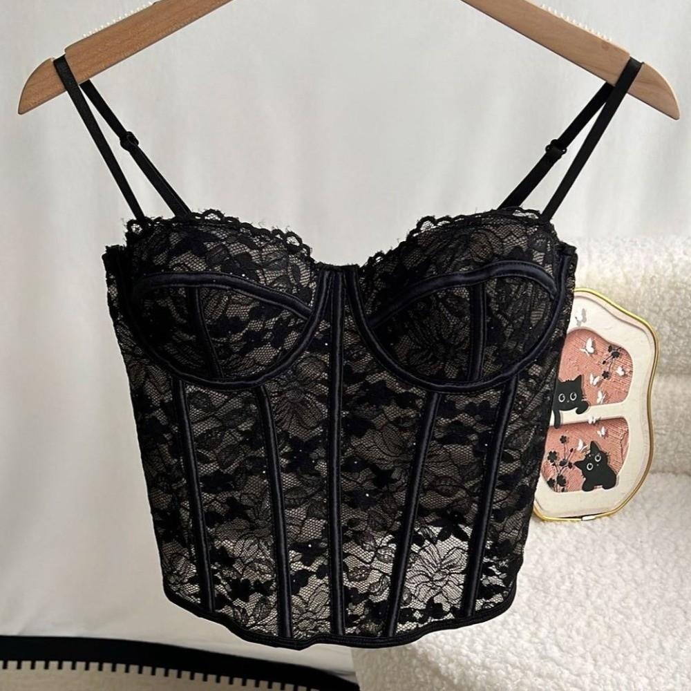 Sleeveless Lace Corset Bottoming Shirt Women Vest Sling Top Chic Camisole with Pads Women