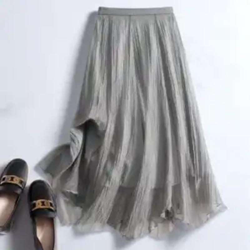 Summer Women's Cream Pleated Midi Skirt Elastic Waist Ruffle Hem Skirt