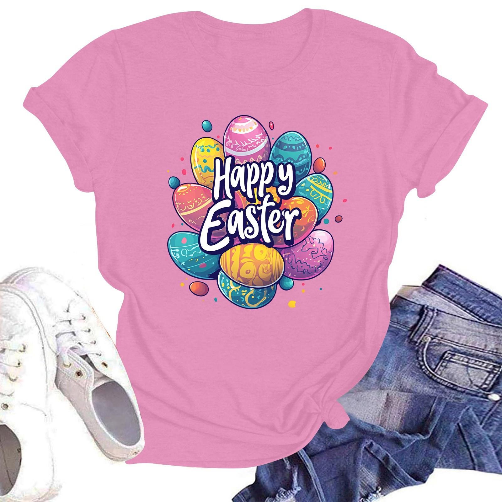 Счастливой Пасхи женская мода принтованный круглый вырез короткий рукав футболка пуловер топ XXL розовый