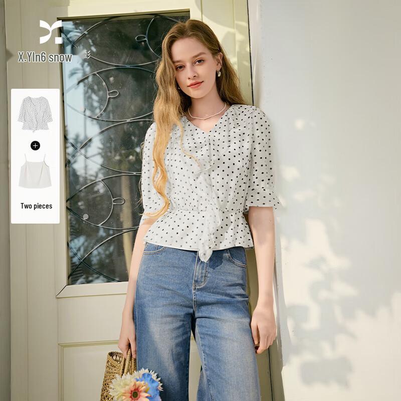Women's Polka Dot Ruffle V-Neck Blouse
