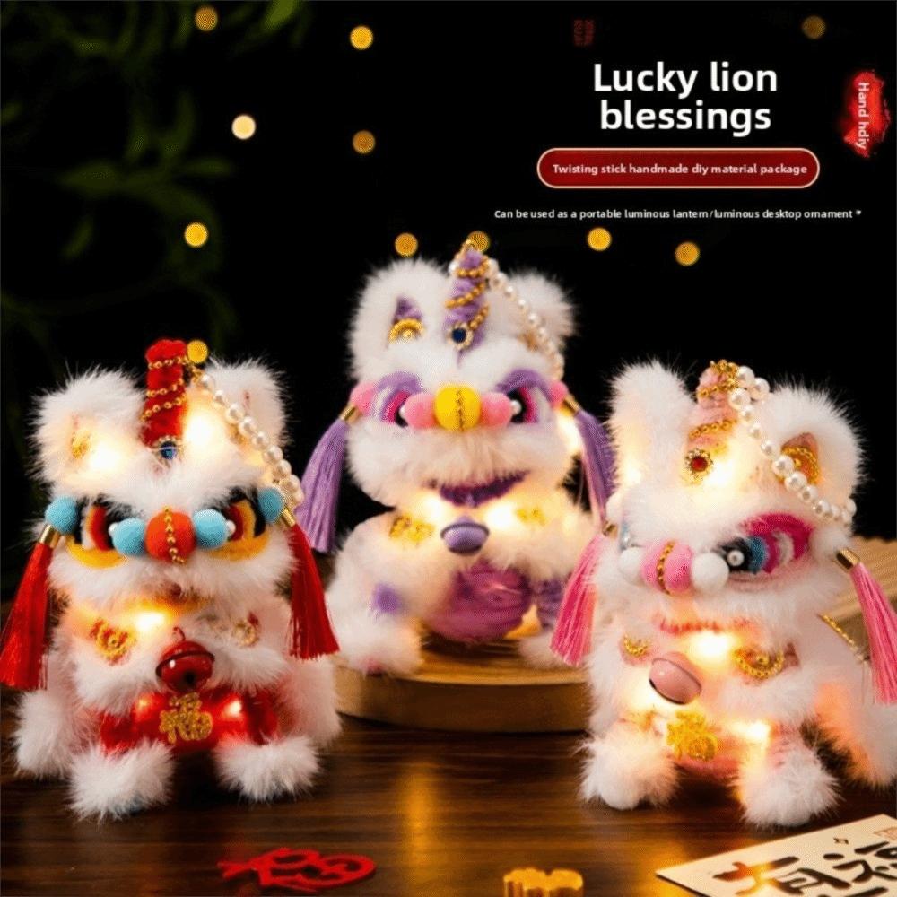 Glowing Soft Lion Dance Lantern Lion Dance Fluffy Chinese New Year Lantern Hand-held DIY Children's Lantern Desktop Ornaments