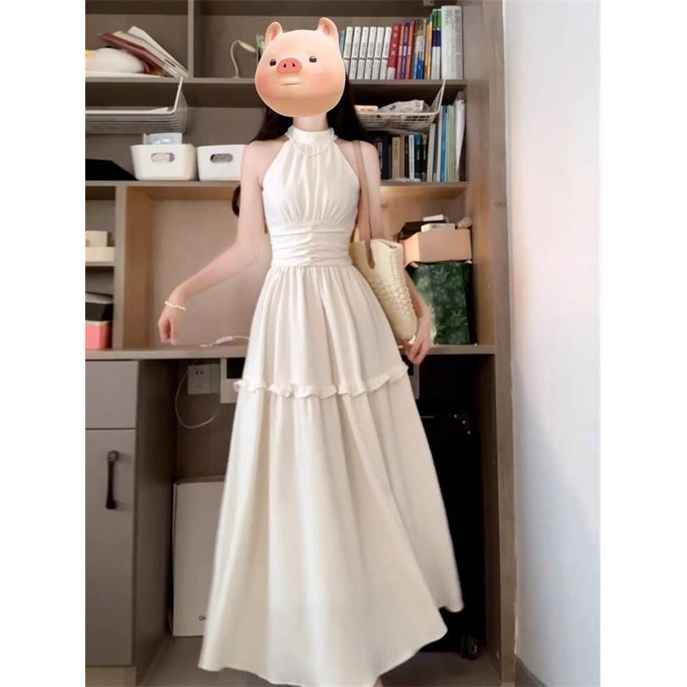 French new high-end neck dress women's summer design sleeveless pleated waist thin temperament long dress