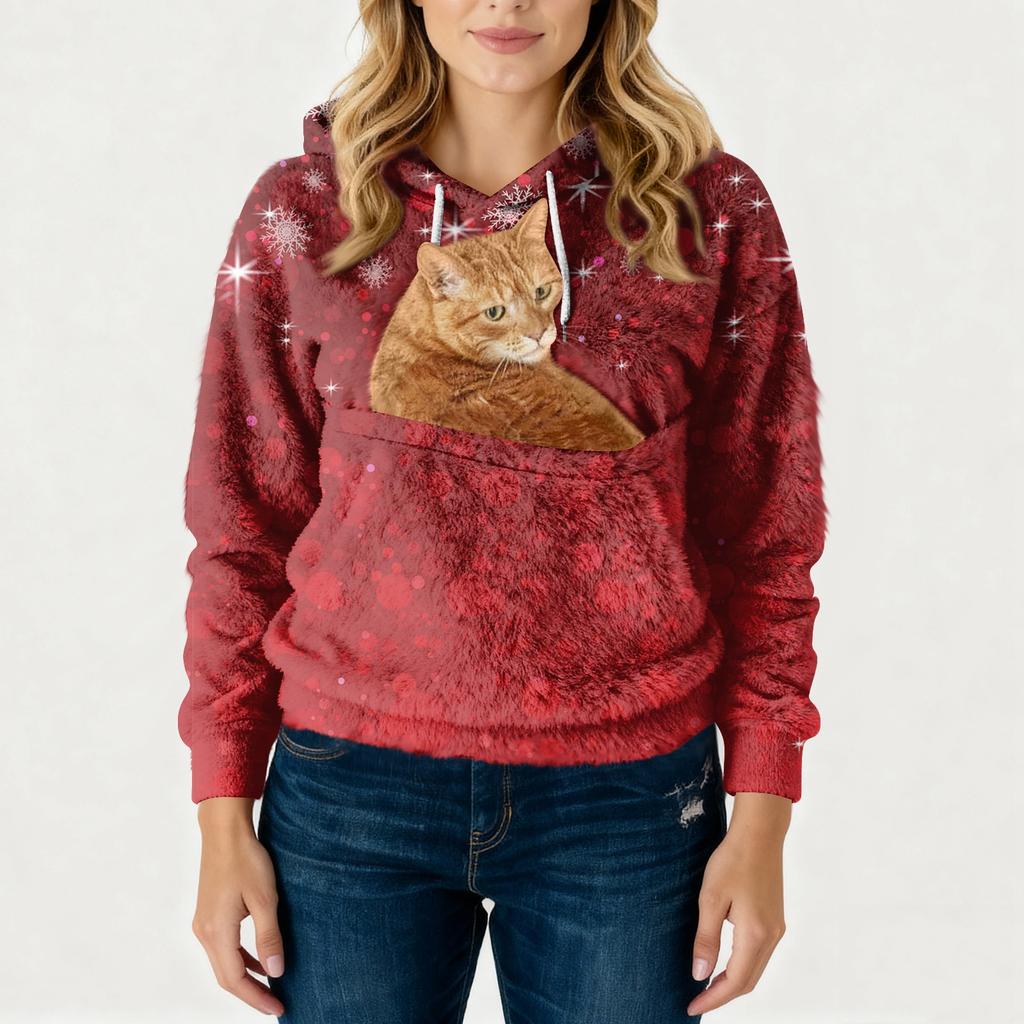 Women's Fashionable Casual Fleece Lined Long Sleeve Pocket Hooded Printed Sweatshirt