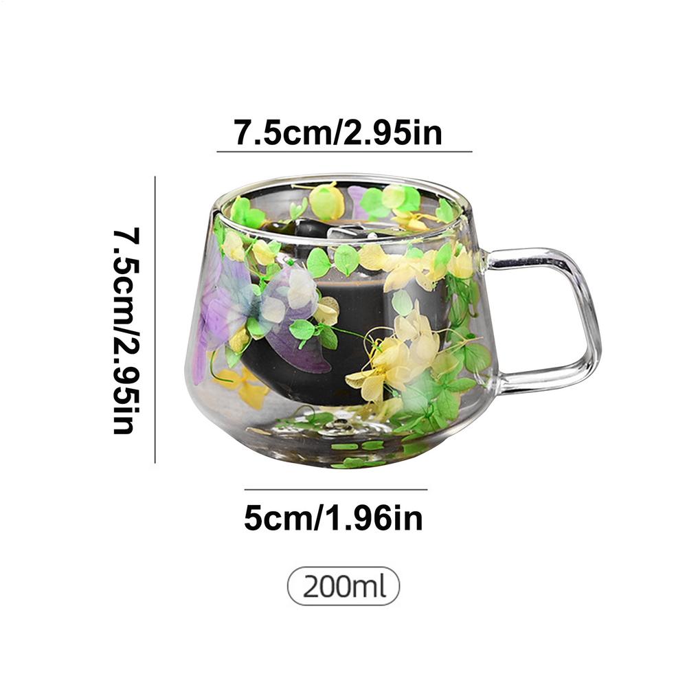 Dvojitě izolované skleněné hrnky na kávu s květinami, skleněný hrnek na kávu s dvojitou stěnou, kulatý dvoustěnný skleněný hrnek na espresso