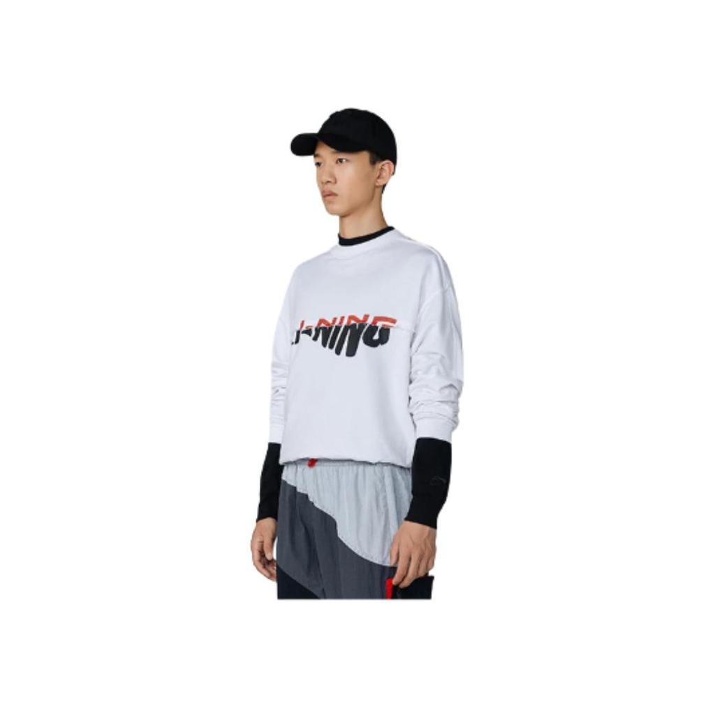 Li Ning Sports Basketball Series Fun Logo Print Loose Round Neck Pullover Sweatshirt Men sweatshirt White AWDRA57-6