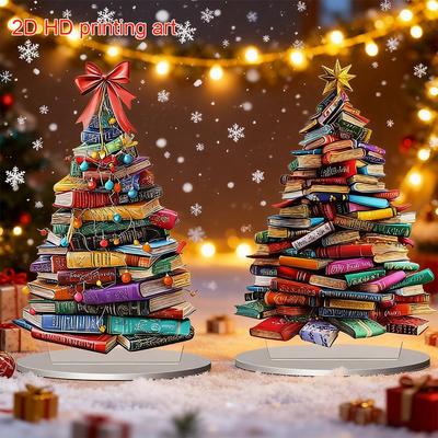 Christmas Tree Shape Bookshelf Pendant 2D Flat Acrylic Books Stacked Desktop Ornament Christmas Home Decoration Party Supplies