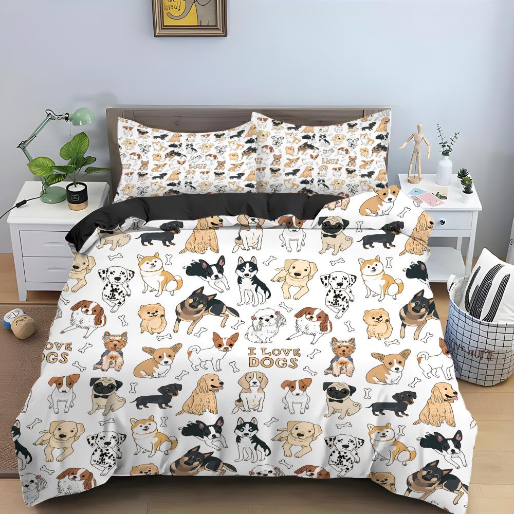 Cartoon Dog King Queen Duvet Cover Lovely Illustrated Pet Puppy Bedding Set  Animal Quilt Cover 2/3pcs Polyester Comforter Cover