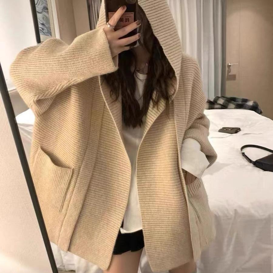 V-neck Loose Large Size Sweater Jacket Women's Retro Simple Style Pocket Silhouette Hooded Jacket Women's Autumn Versatile
