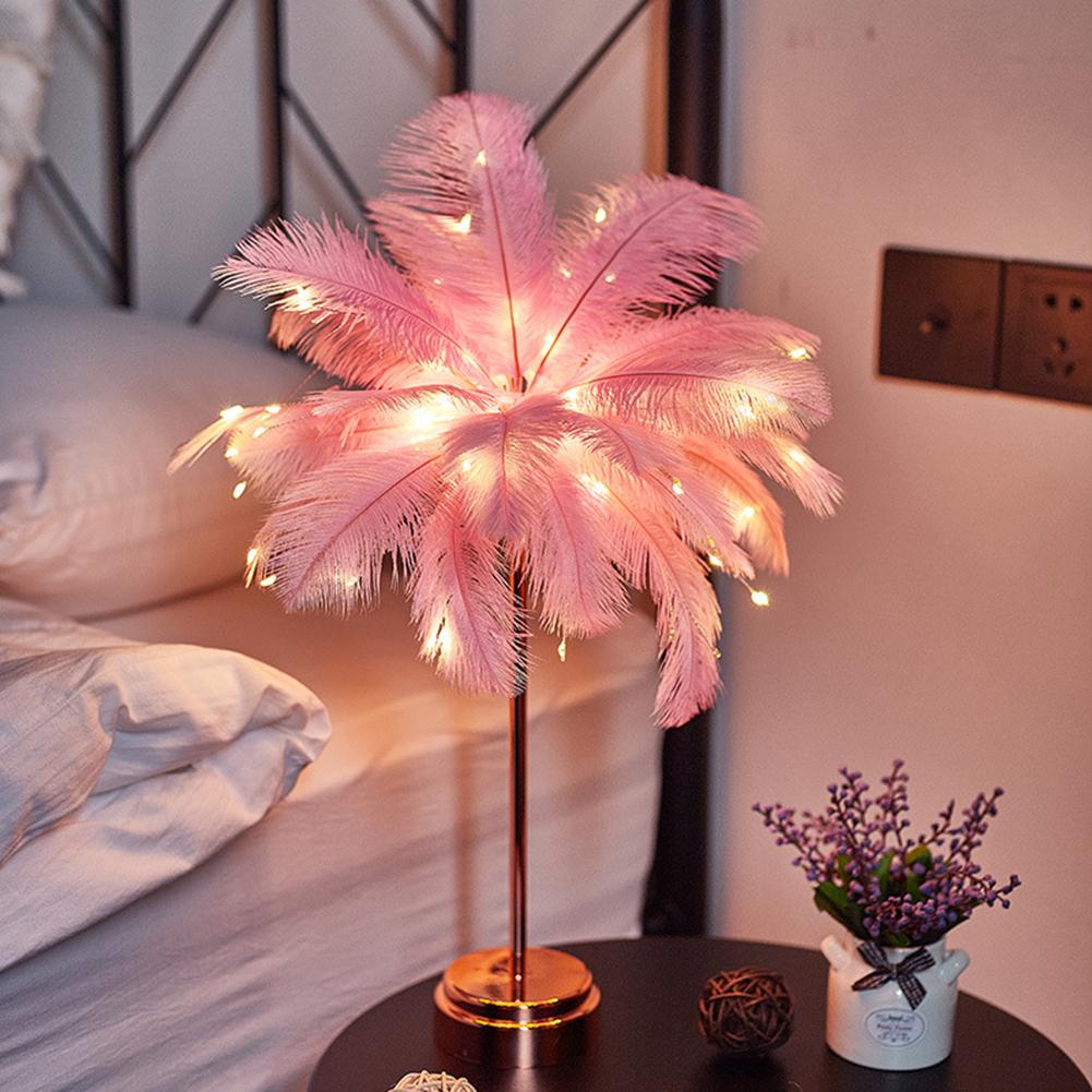 34cm Feather Decor Atmosphere Lamp Rechargeable Romantic Desk Decor Lamp Versatile Warm White for Party Wedding Christmas Decor