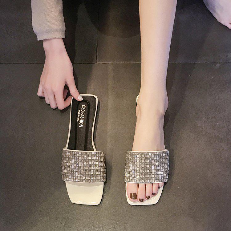 Women's Summer 2019 Rhinestone Flat Sandals - Trendy Korean-Style One-Line Slippers