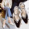 French girl bow pearl bag head single shoes women's heel thick heel retro Mary Jane shoes 2025 new sandals