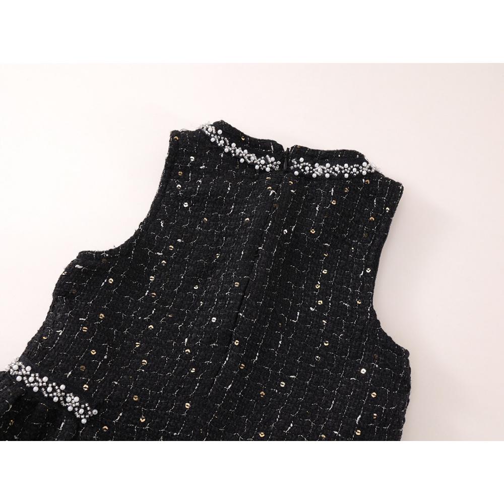 Girls' Tweed Little Sleeveless Vest Dress Autumn Winter New Baby Black Light Luxury Rhinestone Dress