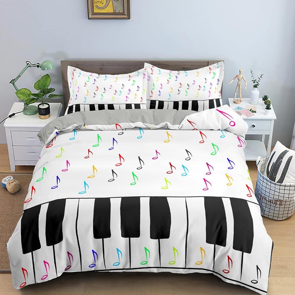 Retro Music Theme Piano Soft with Soft Fabric Duvet Cover - Rotating Musical Notes Design, Black And White Stave, for Young Girls