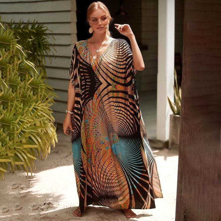 Colorful Printed Boho Beach Kaftan Dress Women Plus Size Maxi Summer Cover Up Rayon Bathing Suit