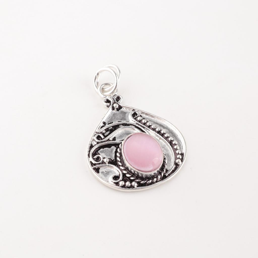 Pink Cat's Eye Gemstone 925 Sterling Silver Jewelry Handmade Women Pendant 1.45" PP-27-40
