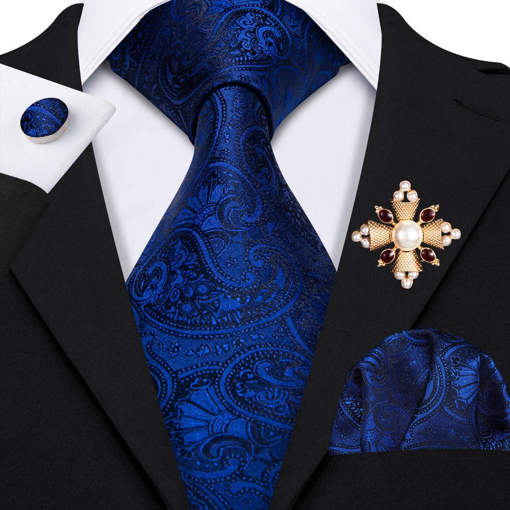 Pearl Brooch with Silk Tie for Men Vintage Floral Teal Necktie Hanky Cufflinks Gift Formal Set