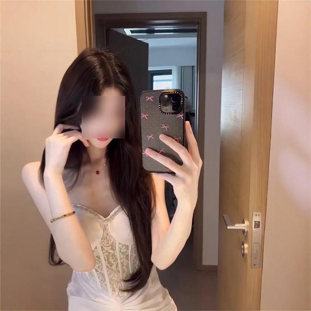 Promi Fischgräten-Spitzen-Trägerkleid Temperament leicht reifer Stil Sommer einfarbig Taille Abendkleid Kleid