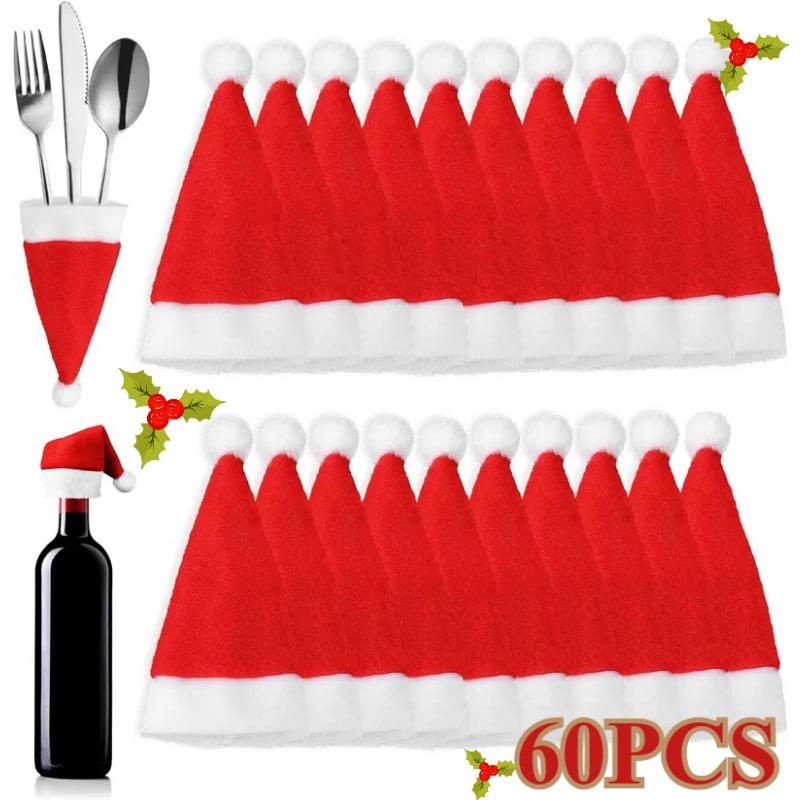 Christmas Tableware Set-Santa Hat Cutlery Bag Holder for Fork Knife Spoon, Holiday Dinner Party Decor, Xmas Home Kitchen Acces