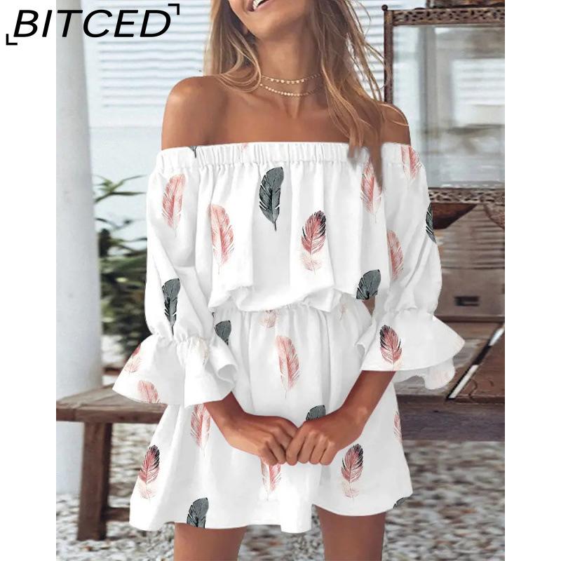 BITCED Women Floral Print Mini Dress Summer Sexy Off Shoulder Flare Sleeve Tunic Dress Female Casual Boho Beach Dress