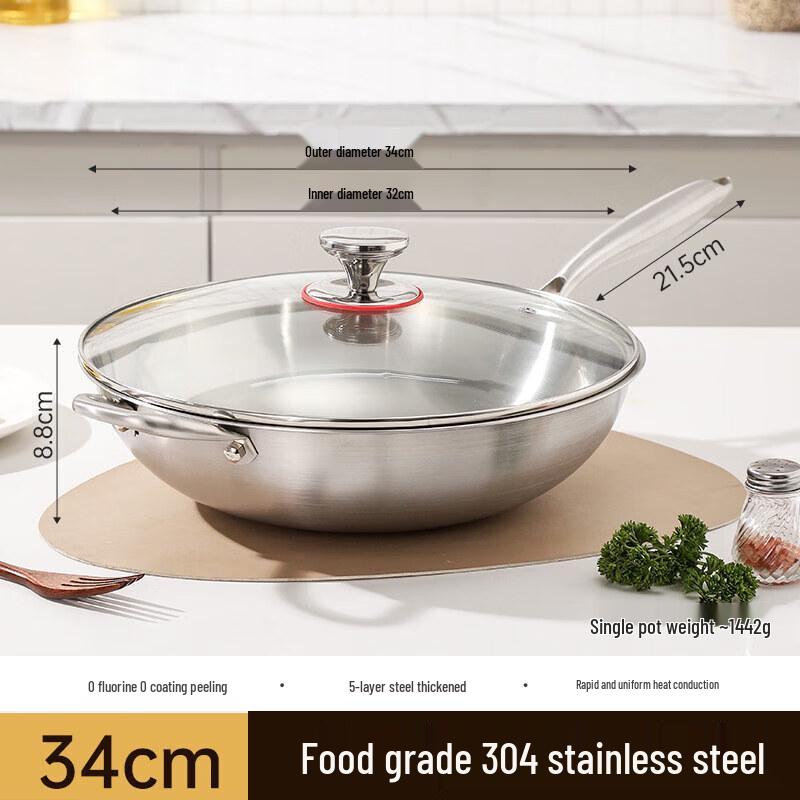 Qiwei Food-Grade 304 Stainless Steel Non-Coated Wok