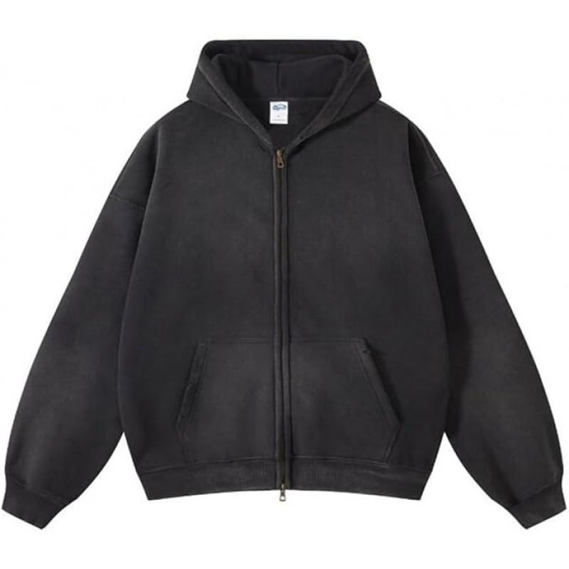 Mens Oversized Hooded Sweatshirt With Distressed Wash Print Heavyweight 400g Cotton Blend Zipper Front Casual Streetwear