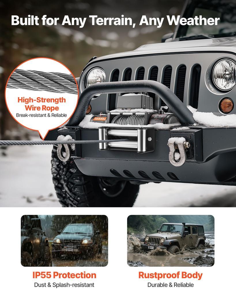 Electric Winch, 5400 kg Load Capacity, 12V DC Truck Winch with 9.1 mm x 26 m Steel Rope, Wireless & Wired Remote Control, Suitable for Towing SUV Jeep