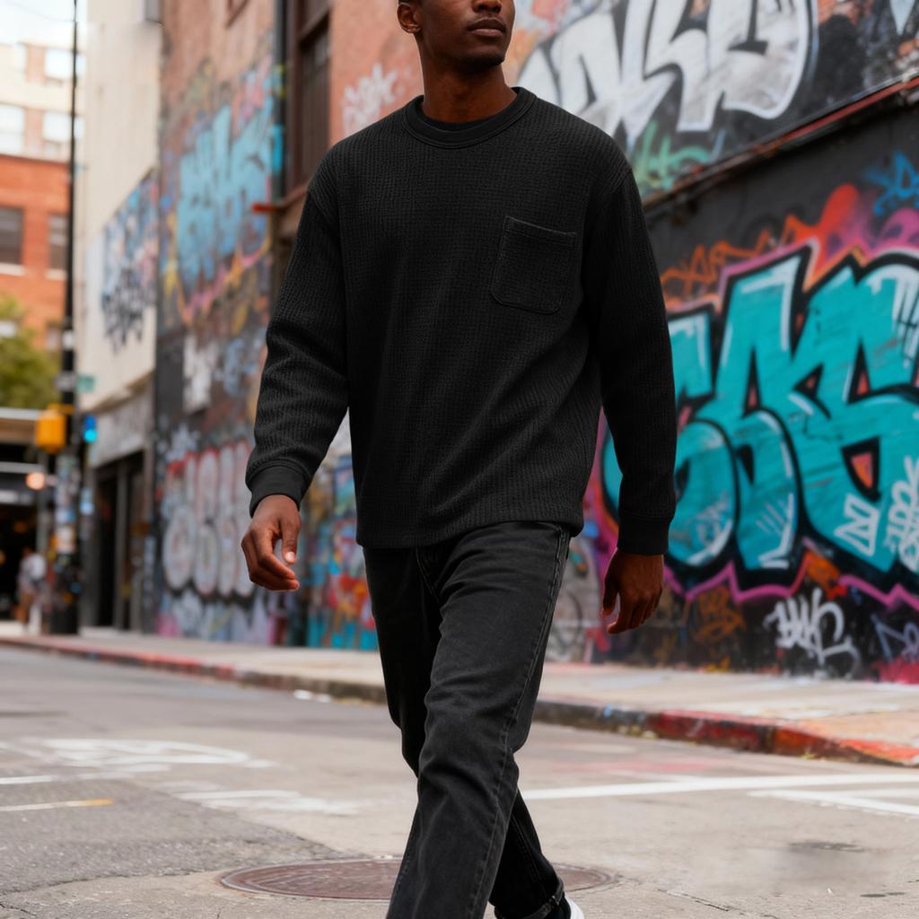 MensLong Sleeve Shirt Crewneck Pullover Sweatshirts Big And T-Shirts Casual Relaxed Pullover Pocket