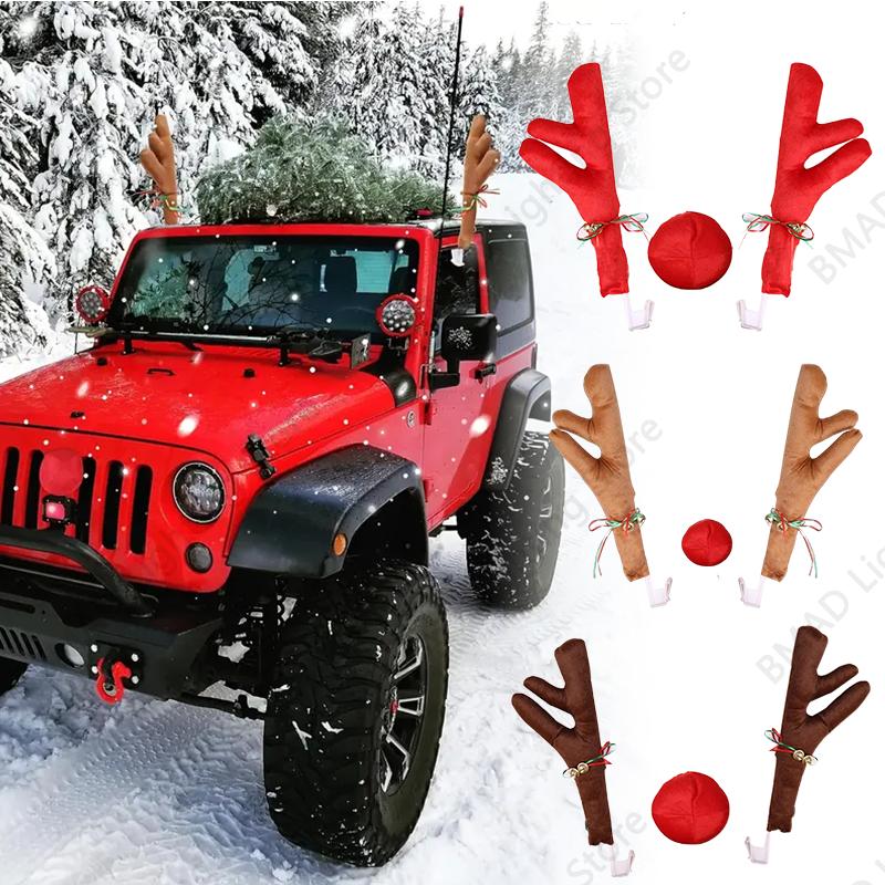 Christmas Car Antlers Deer Horn Decoration with Red Nose Tail Holiday Gift Set Car Accessories Pendant