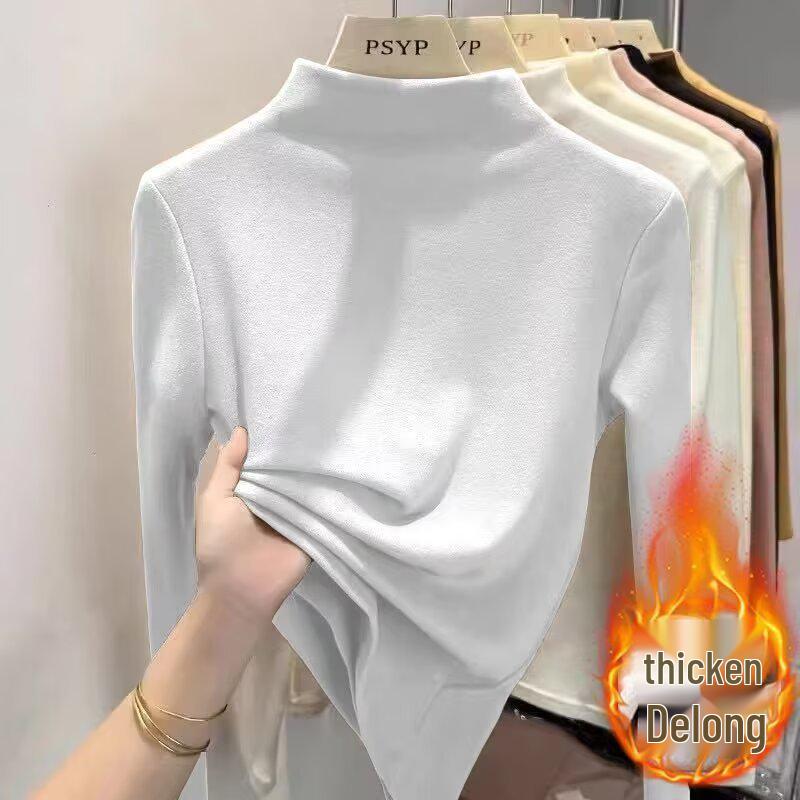 2024 Autumn/Winter White Cashmere Half-High Neck Long Sleeve Pullover Luxurious Base Layer T-Shirt
