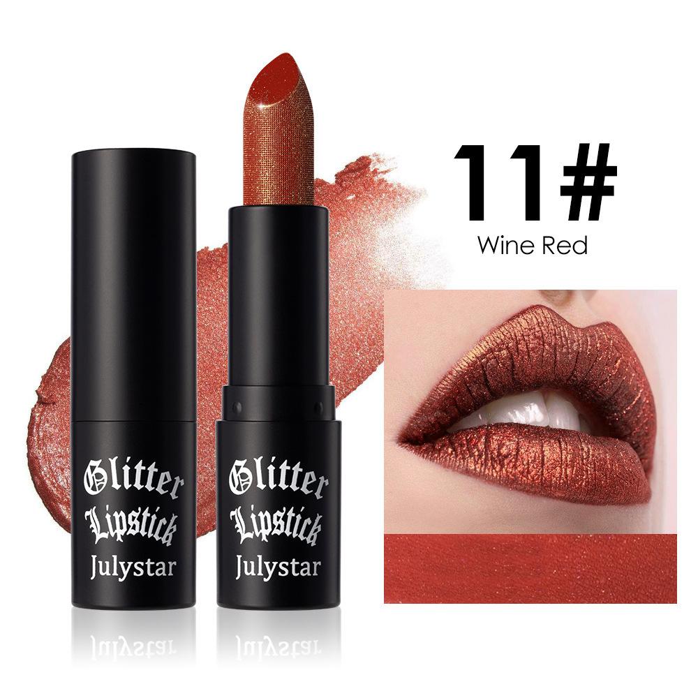 12 Colors Glitter Lipstick Waterproof Long Lasting Diamond Pearlescent Metallic Lipstick Black Lipgloss Women Lips Makeup Cosmetic