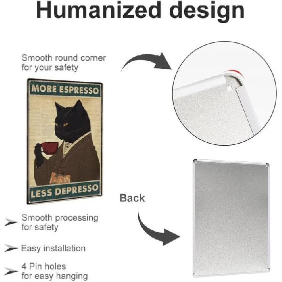 Vintage Black Cat Coffee Poster More Espresso Less Depresso Wall Sign Novelty Metal Tin Sign Home Vintage Art Decor Iron Painting 8X12 Inch