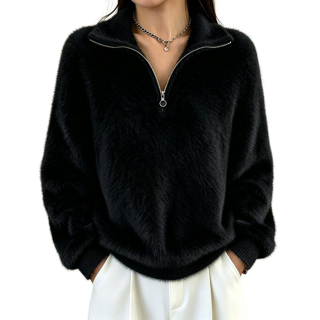 Damen Faux Pullover mit Rollkragen und Reißverschluss - Farblich gestricktes Oberteil für Freizeitkleidung