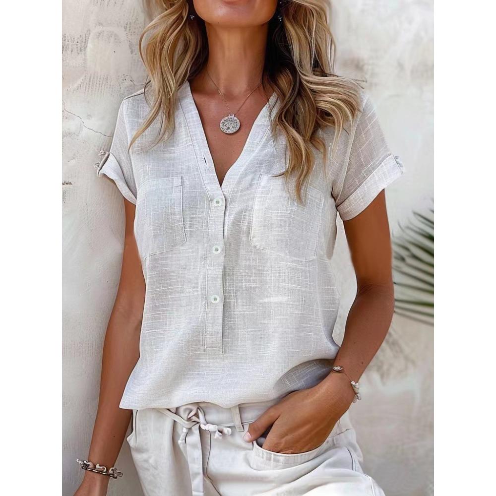 Women's V Neck Half Button Short Sleeve Pocket Loose Fit Solid Color Casual Blouse Summer Daily Basic Shirt