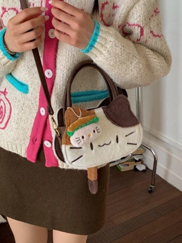 Threecolor Cat Cartoon Plush Shoulder Bag For Daily Use With Storage Capacity
