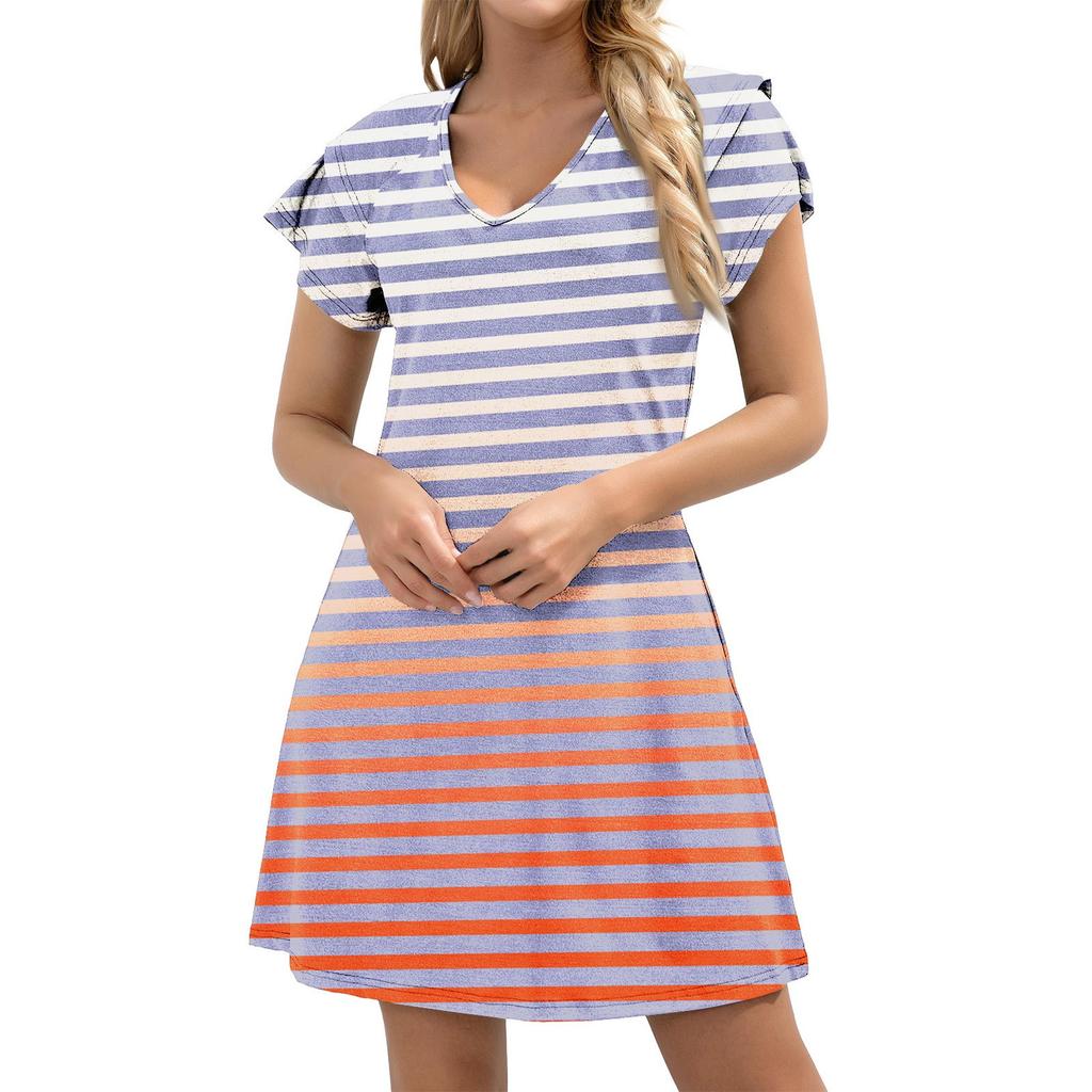 Women's Casual V-Neck A-Line Dress With Short Ruffled Edge Cuff Pocket Dress Cuff Pocket Dress