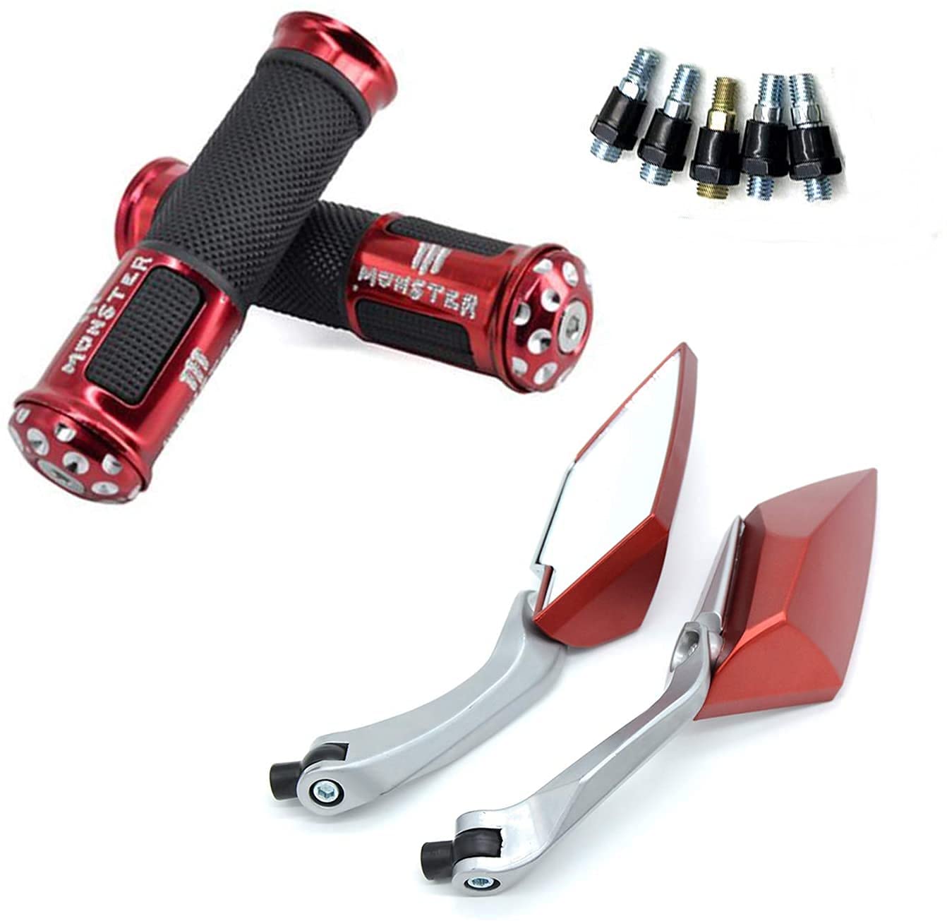 

North Shore Motorcycle Mirrors and Right with 10mm and 8mm Handlebar Grips Custom (Left Set) (22.2 Set) (Red)