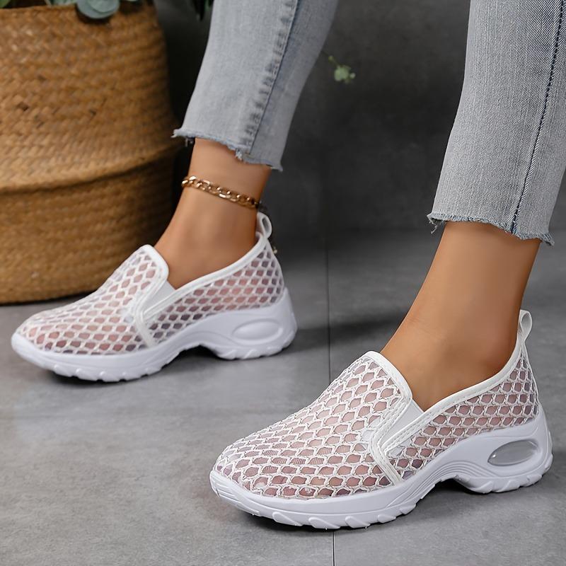 [Breathable Mesh Sneakers] Breathable Women's White Mesh Slip-On Sneakers with Glitter Accents | Mid-Top Support & Rubber Sole for Casual Sports