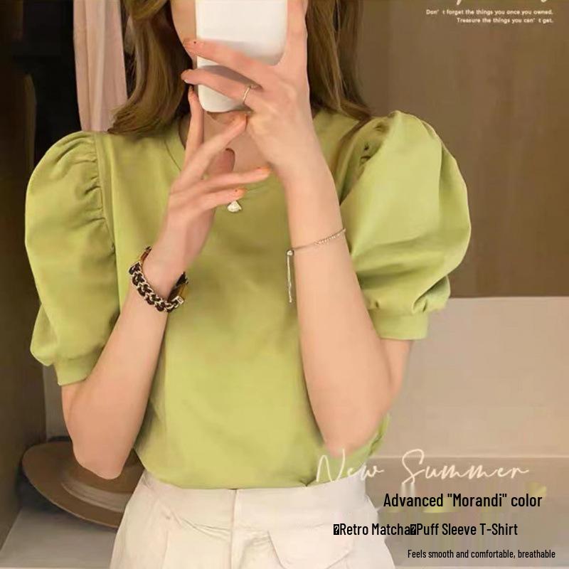 

Женская летняя футболка 2023 года цвета авокадо, с рукавами-фонариками из чистого хлопка L (116-130 jin)