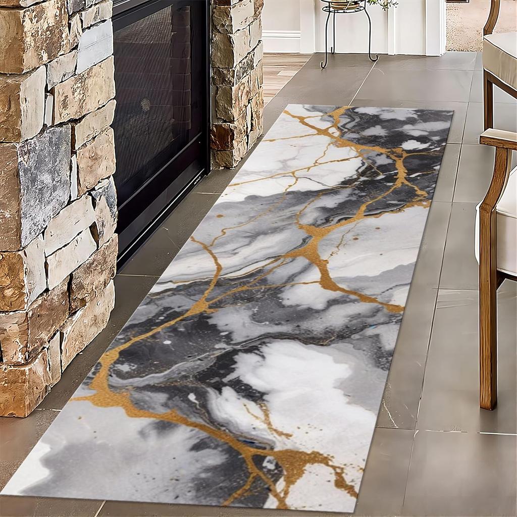Modern Marble Texture Runner Rug Nordic Style Indoor Water-absorbent Non-Slip Floor Mat for Bedroom Bedside Balcony Living Room