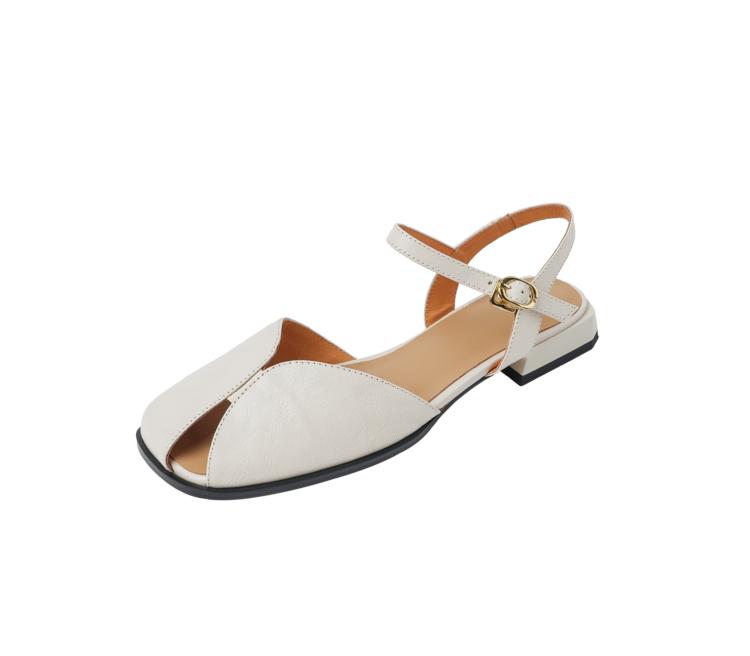 

Fashion Summer Women Sandals Genuine Leather Shoes for Women Square Toe Low Heel Shoes Concise Cover Toe Slingback Sandals Casual Shoes 34 бежевый