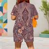 Women Plus Size White Printed Round Neck Short Sleeve Top Pocket Shorts Two Piece Set