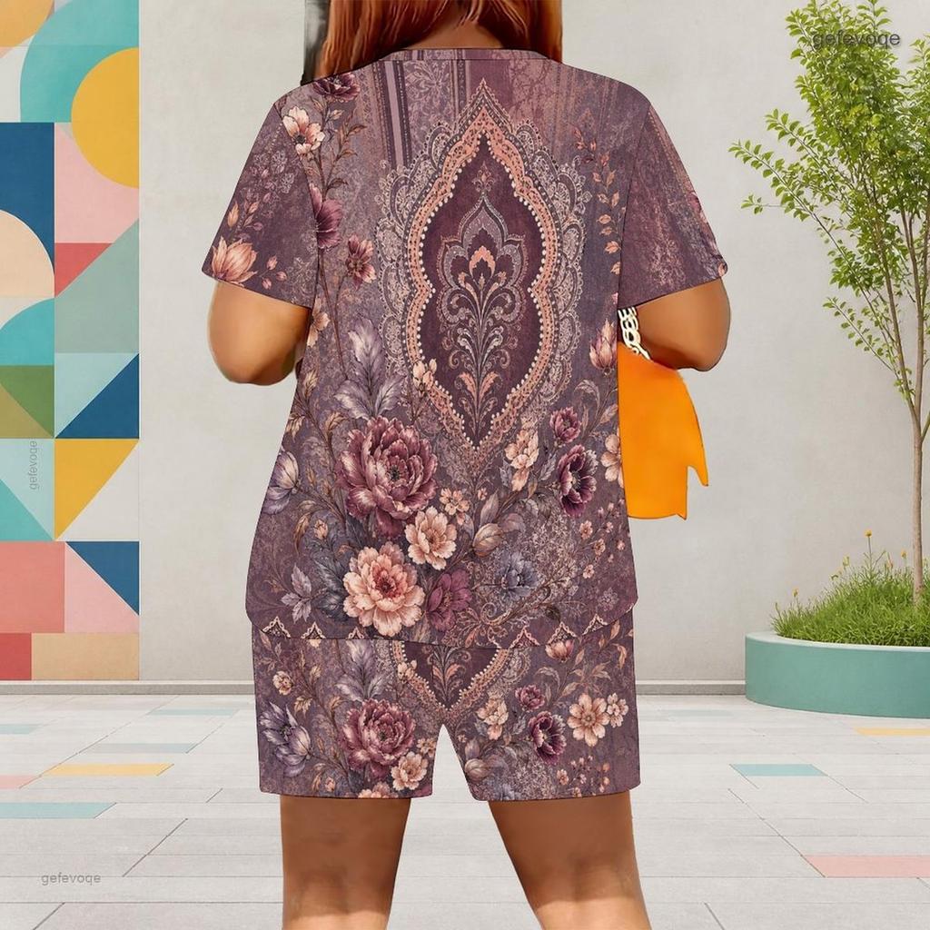 Women Plus Size White Printed Round Neck Short Sleeve Top Pocket Shorts Two Piece Set
