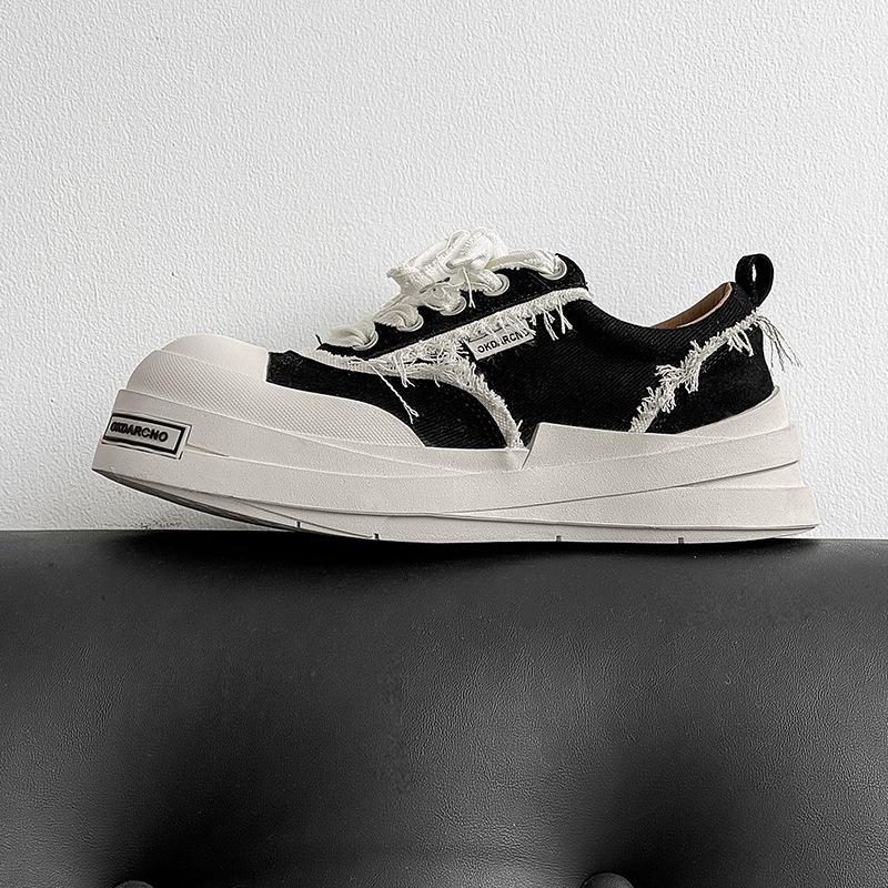 2518 Bandage Canvas Shoes Black and White Couple Big Head Shoes Guochao Platform Men's Shoes Trend Versatile Heightening Board Shoes