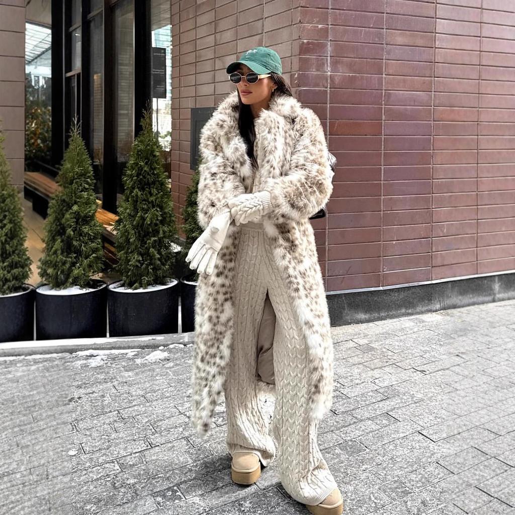 VAYLA Leopard Faux Fur Coat Women Long Overcoat Turn Down Collar Full Sleeve Open Stitch Thick Loose Elegant Jacket Autumn Winter