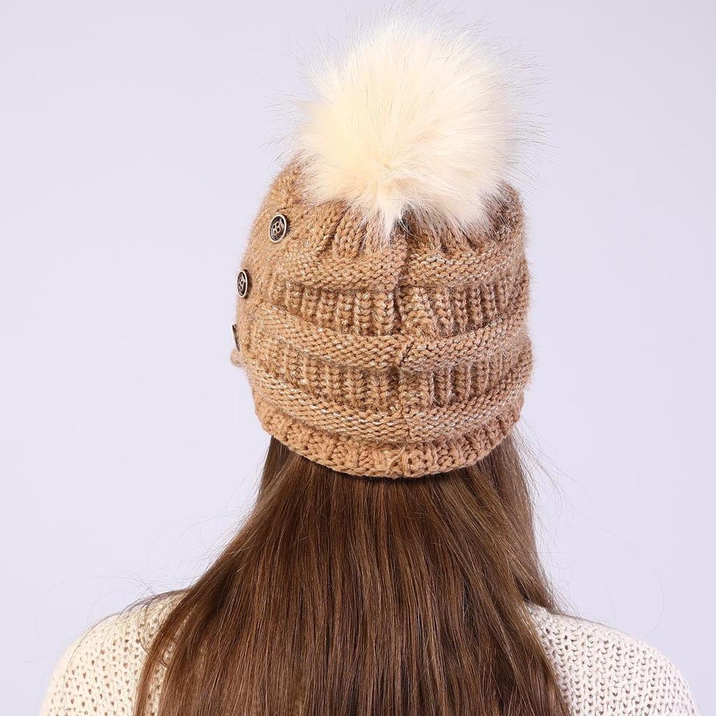 Autumn Winter Women Button Plush Thickened Warm Duck Tongue Big Wool Ball Knitted Wool Hat