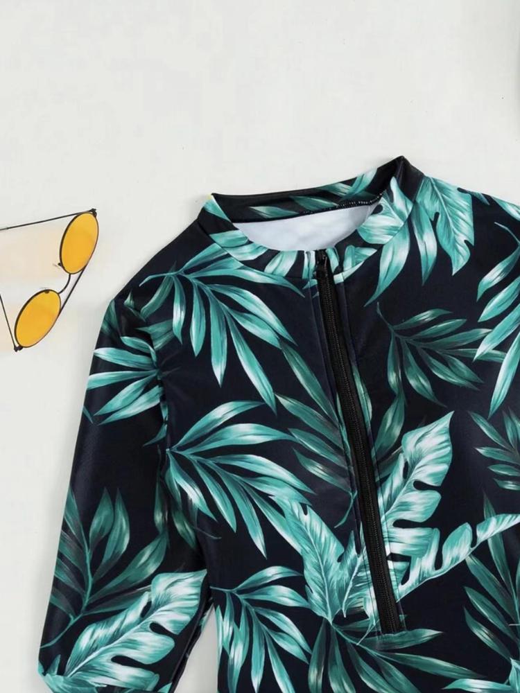 Zipper Leaf Printed Swimsuit 2024 Women One Piece Long Sleeve Swimwear Female Bathers Bathing Swimming Suit Beachwear Bodysuit