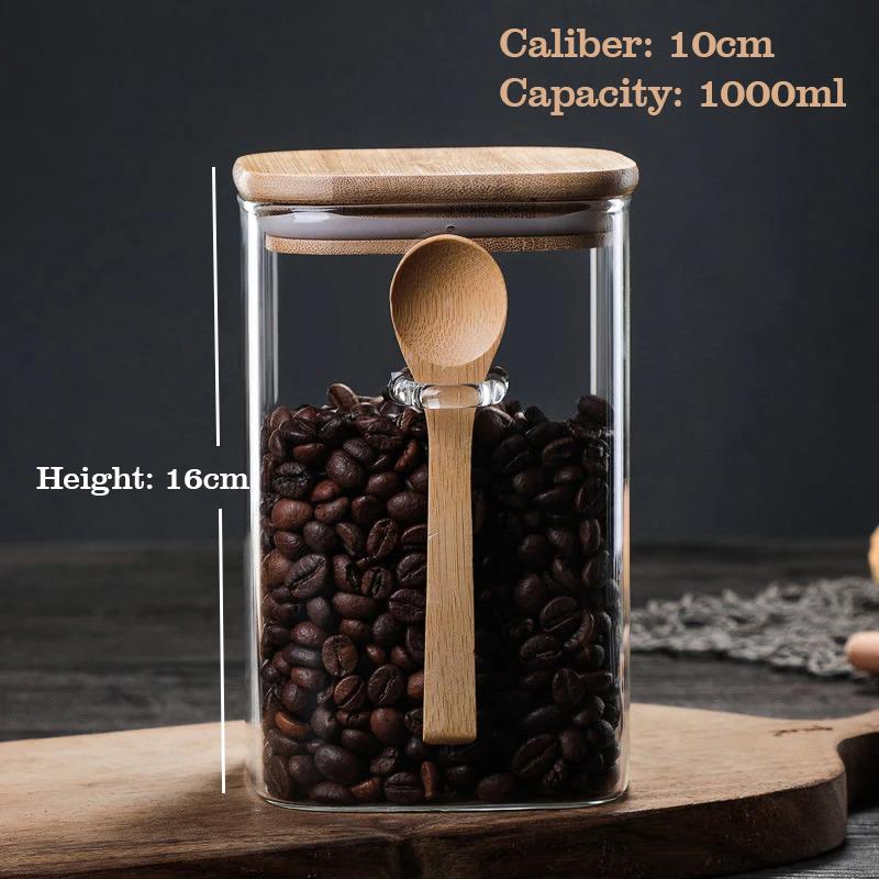 800/1000/1200ML Large Capacity Square Sealed Glass Jar with Spoon Seasoning Coffee Bean Storage Jar Home Sealed Storage Tanks