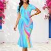 Women Plus Size V Neck Short Sleeve Colorful Printed Fitted Fishtail Dress